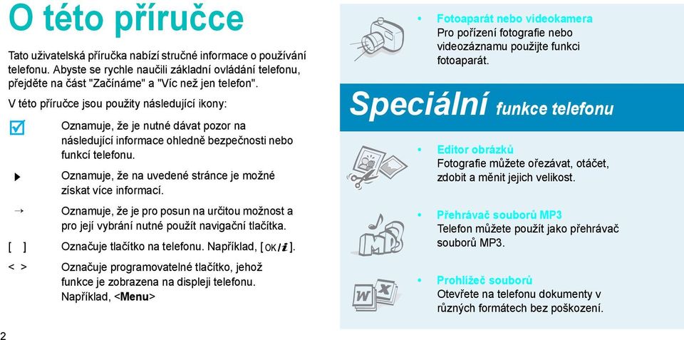 Oznamuje, že na uvedené stránce je možné získat více informací. Oznamuje, že je pro posun na určitou možnost a pro její vybrání nutné použít navigační tlačítka. [ ] Označuje tlačítko na telefonu.