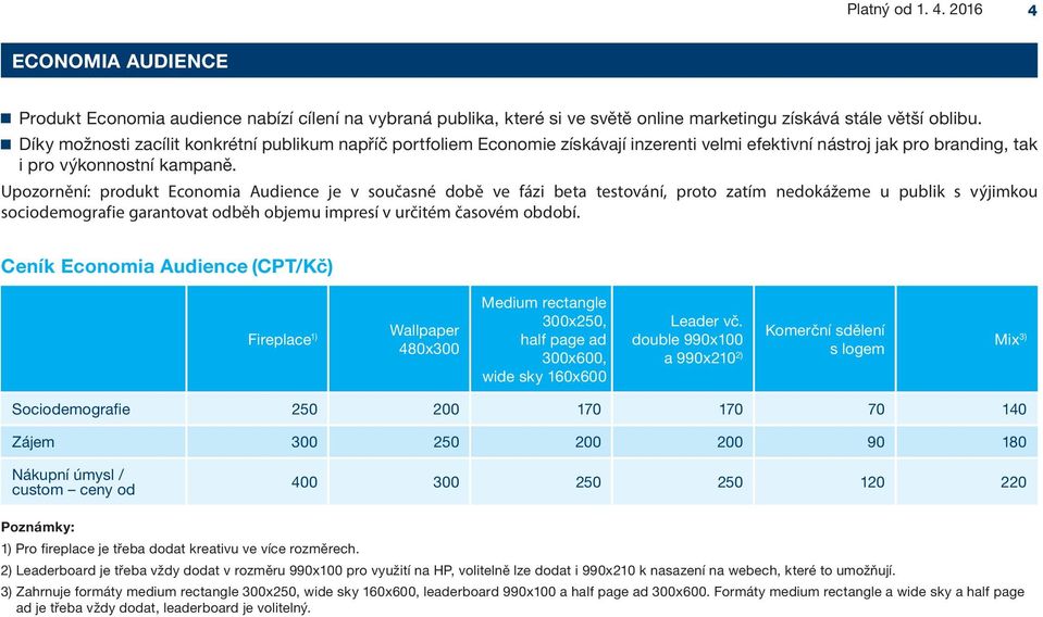 Upozornění: produkt Economia Audience je v současné době ve fázi beta testování, proto zatím nedokážeme u publik s výjimkou sociodemografie garantovat odběh objemu impresí v určitém časovém období.