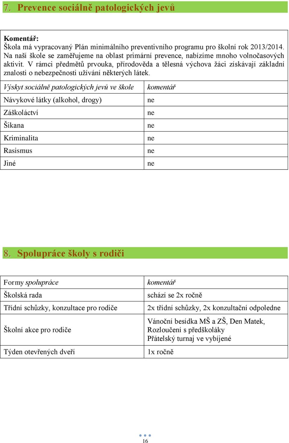 V rámci předmětů prvouka, přírodověda a tělesná výchova ţáci získávají základní znalosti o nebezpečnosti uţívání některých látek.