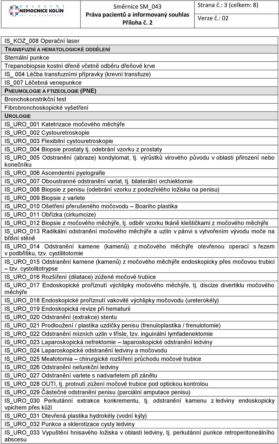 transfuze) IS_007 Léčebná venepunkce PNEUMOLOGIE A FTIZEOLOGIE (PNE) Bronchokonstrikční test Fibrobronchoskopické vyšetření UROLOGIE IS_URO_001 Katetrizace močového měchýře IS_URO_002