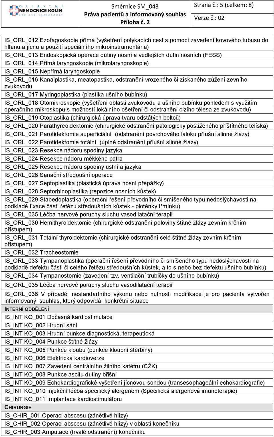 operace dutiny nosní a vedlejších dutin nosních (FESS) IS_ORL_014 Přímá laryngoskopie (mikrolaryngoskopie) IS_ORL_015 Nepřímá laryngoskopie IS_ORL_016 Kanalplastika, meatopastika, odstranění