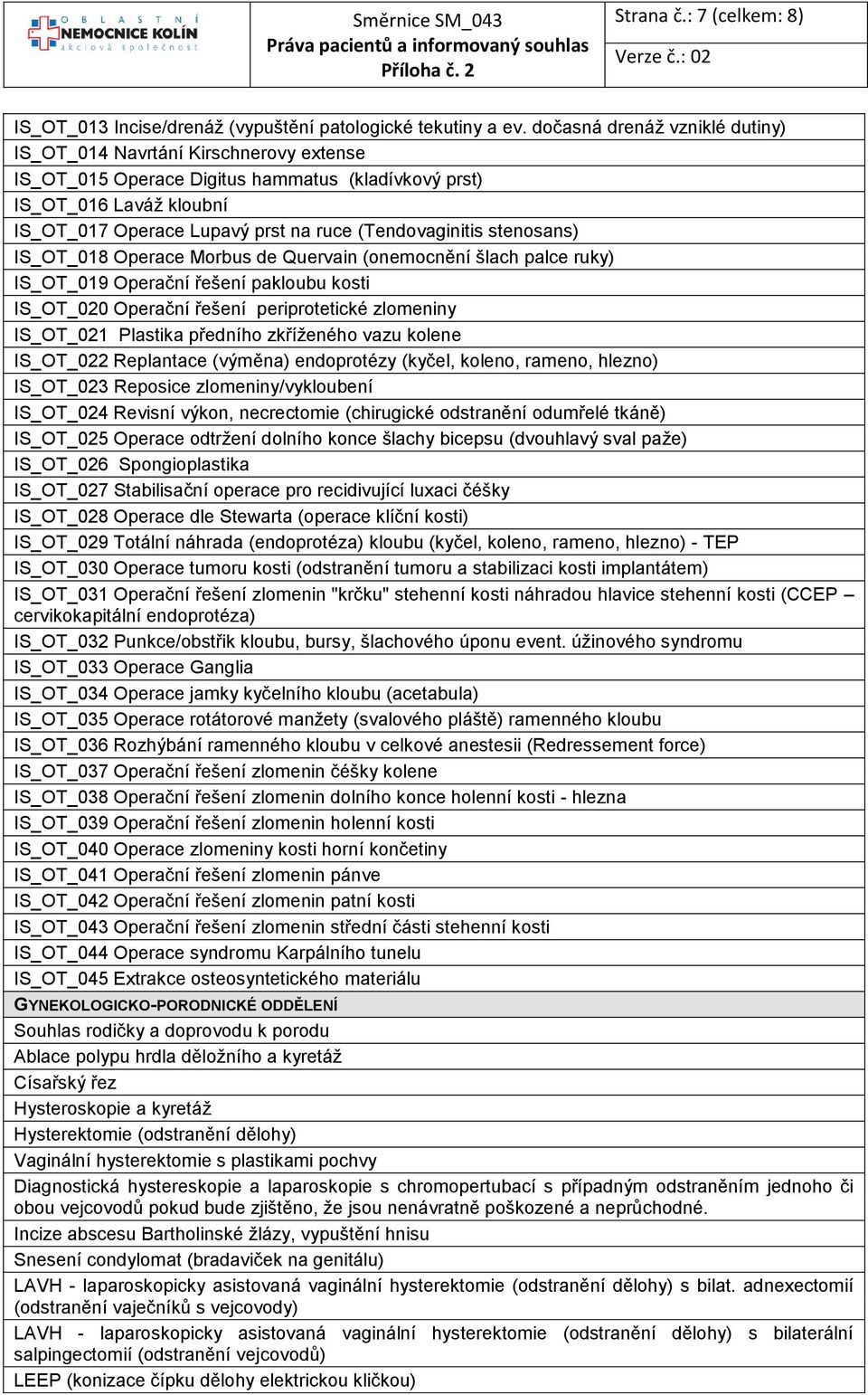 (Tendovaginitis stenosans) IS_OT_018 Operace Morbus de Quervain (onemocnění šlach palce ruky) IS_OT_019 Operační řešení pakloubu kosti IS_OT_020 Operační řešení periprotetické zlomeniny IS_OT_021