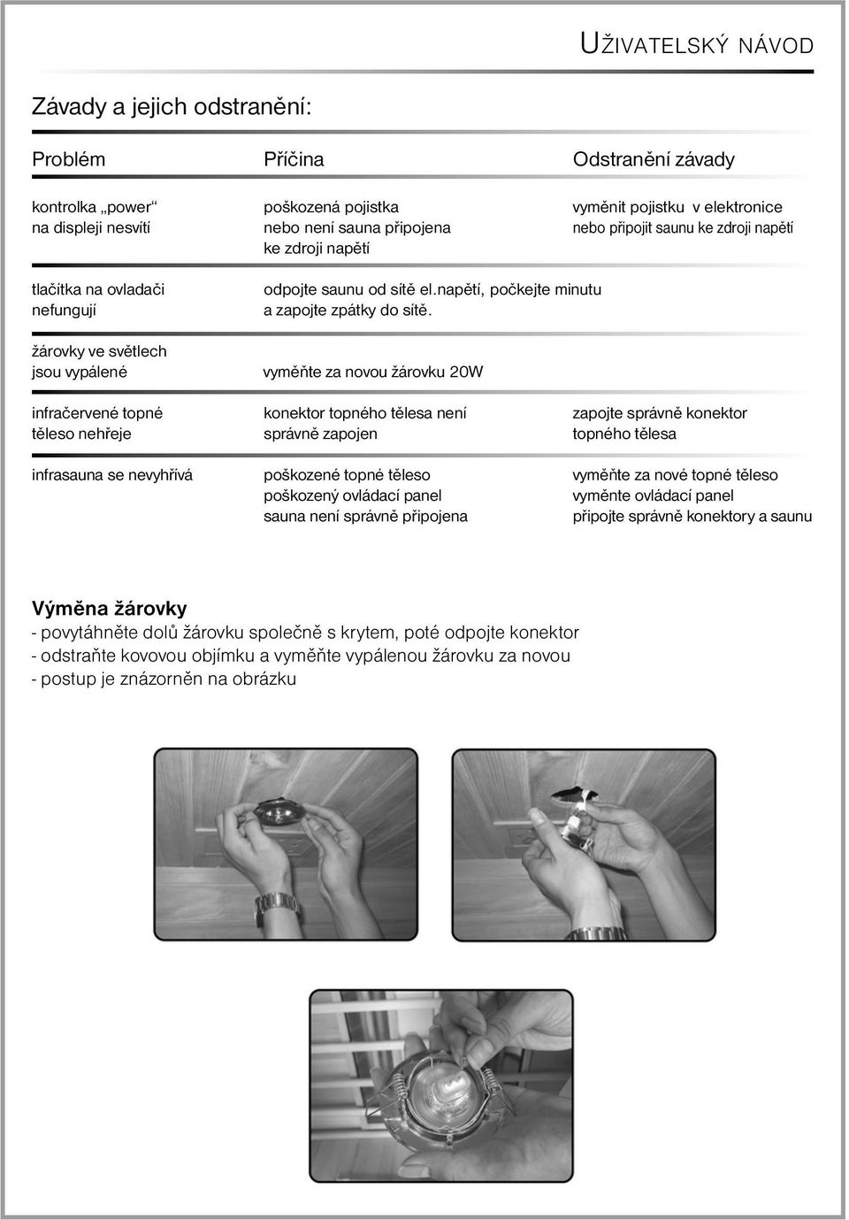 vyměňte za novou žárovku 20W infračervené topné konektor topného tělesa není zapojte správně konektor těleso nehřeje správně zapojen topného tělesa infrasauna se nevyhřívá poškozené topné těleso
