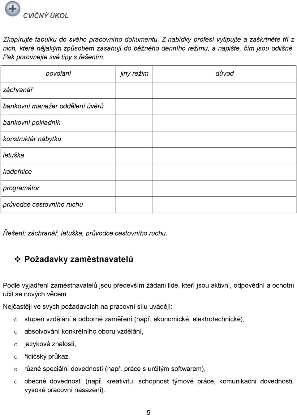 záchranář, letuška, průvdce cestvníh ruchu. Pžadavky zaměstnavatelů Pdle vyjádření zaměstnavatelů jsu především žádáni lidé, kteří jsu aktivní, dpvědní a chtní učit se nvých věcem.