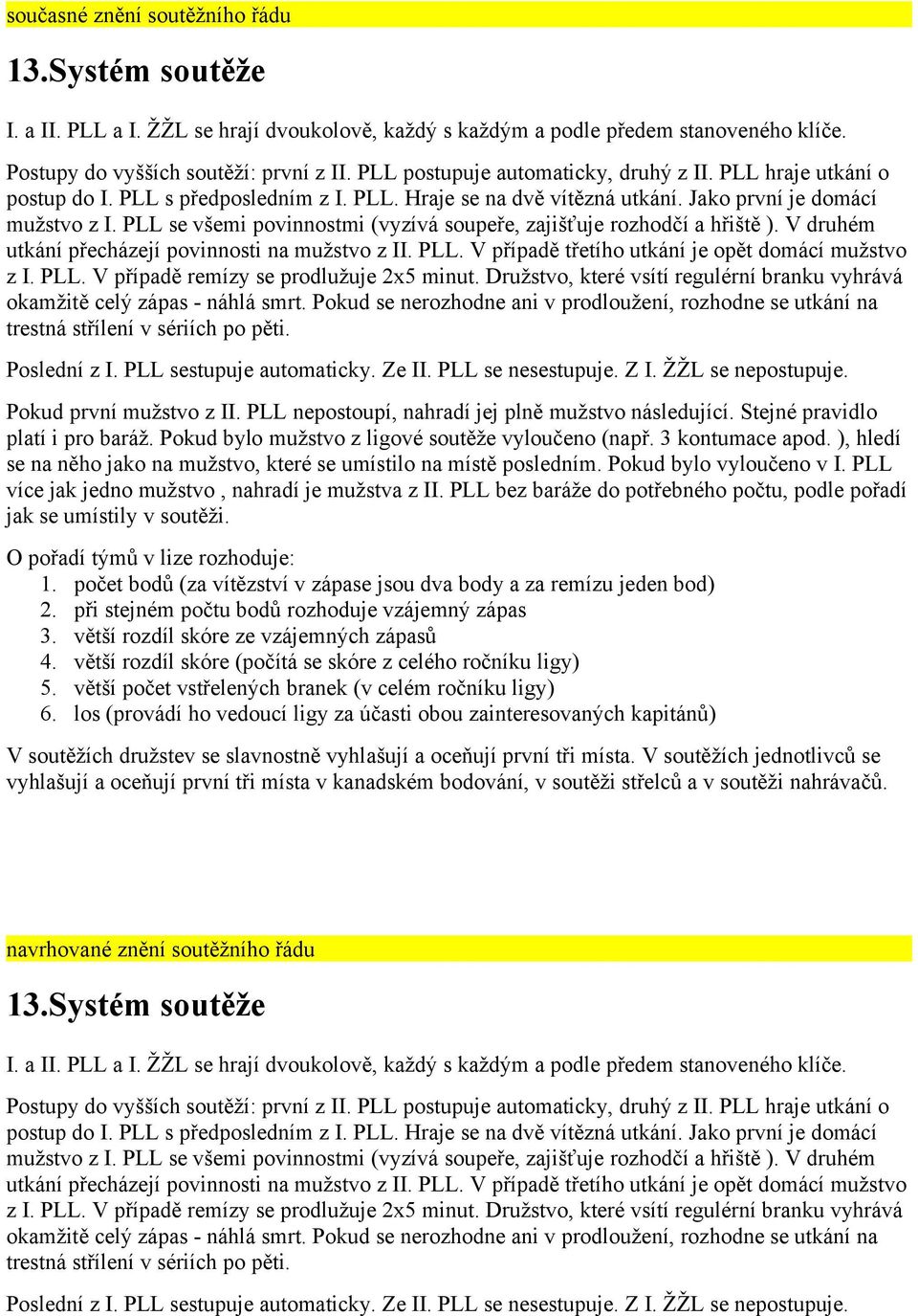 PLL se všemi povinnostmi (vyzívá soupeře, zajišťuje rozhodčí a hřiště ). V druhém utkání přecházejí povinnosti na mužstvo z II. PLL. V případě třetího utkání je opět domácí mužstvo z I. PLL. V případě remízy se prodlužuje 2x5 minut.