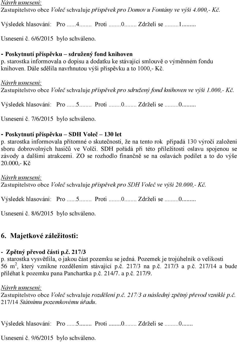 Zastupitelstvo obce Voleč schvaluje příspěvek pro sdružený fond knihoven ve výši 1.000,- Kč... Usnesení č. 7/6/2015 bylo schváleno. - Poskytnutí příspěvku SDH Voleč 130 let p.
