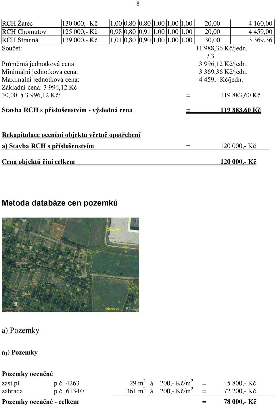 Základní cena: 3 996,12 Kč 30,00 á 3 996,12 Kč/ = 119 883,60 Kč Stavba RCH s příslušenstvím - výsledná cena = 119 883,60 Kč Rekapitulace ocenění objektů včetně opotřebení a) Stavba RCH s