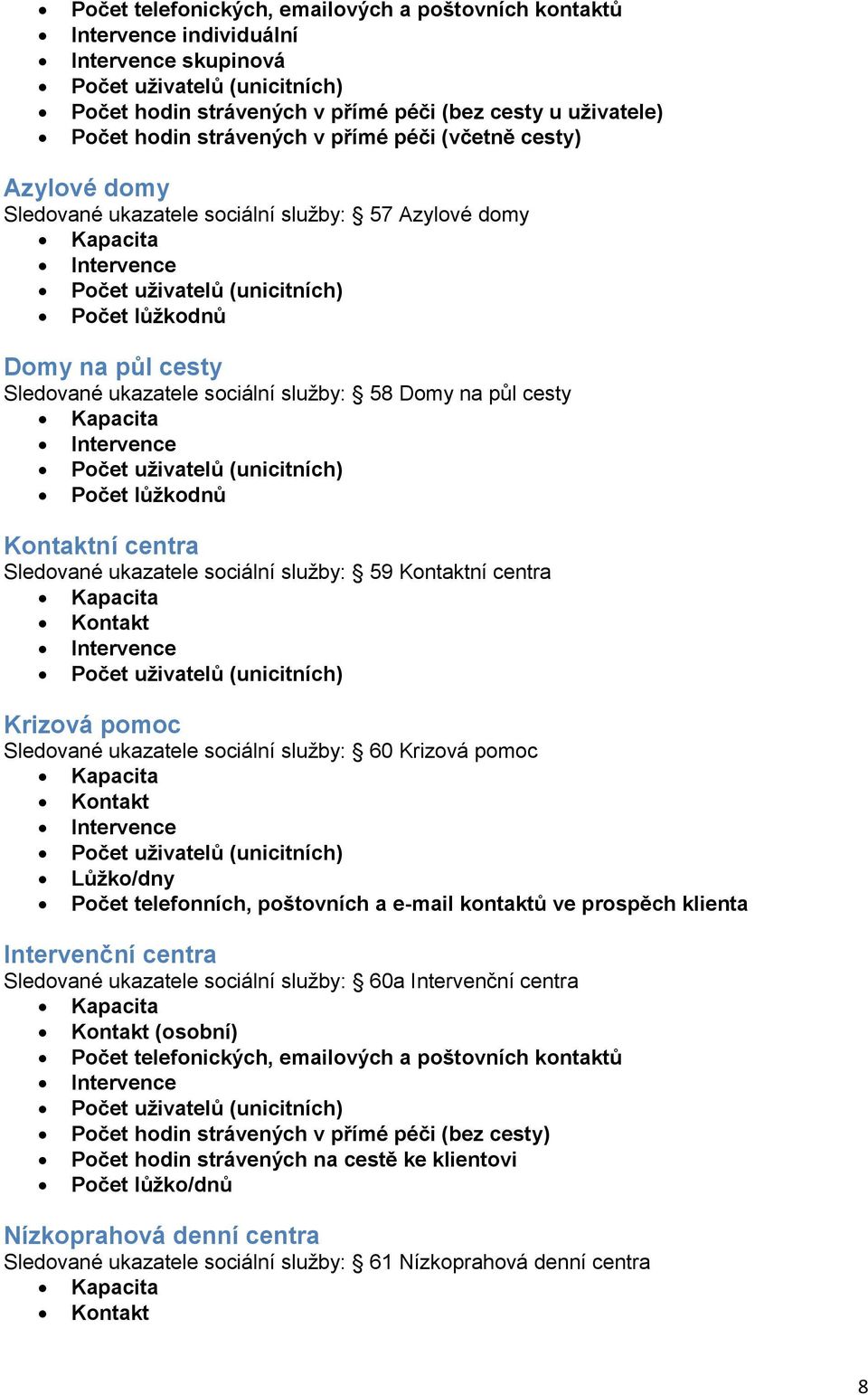 Počet lůžkodnů Kontaktní centra Sledované ukazatele sociální služby: 59 Kontaktní centra Krizová pomoc Sledované ukazatele sociální služby: 60 Krizová pomoc Lůžko/dny Počet telefonních, poštovních a