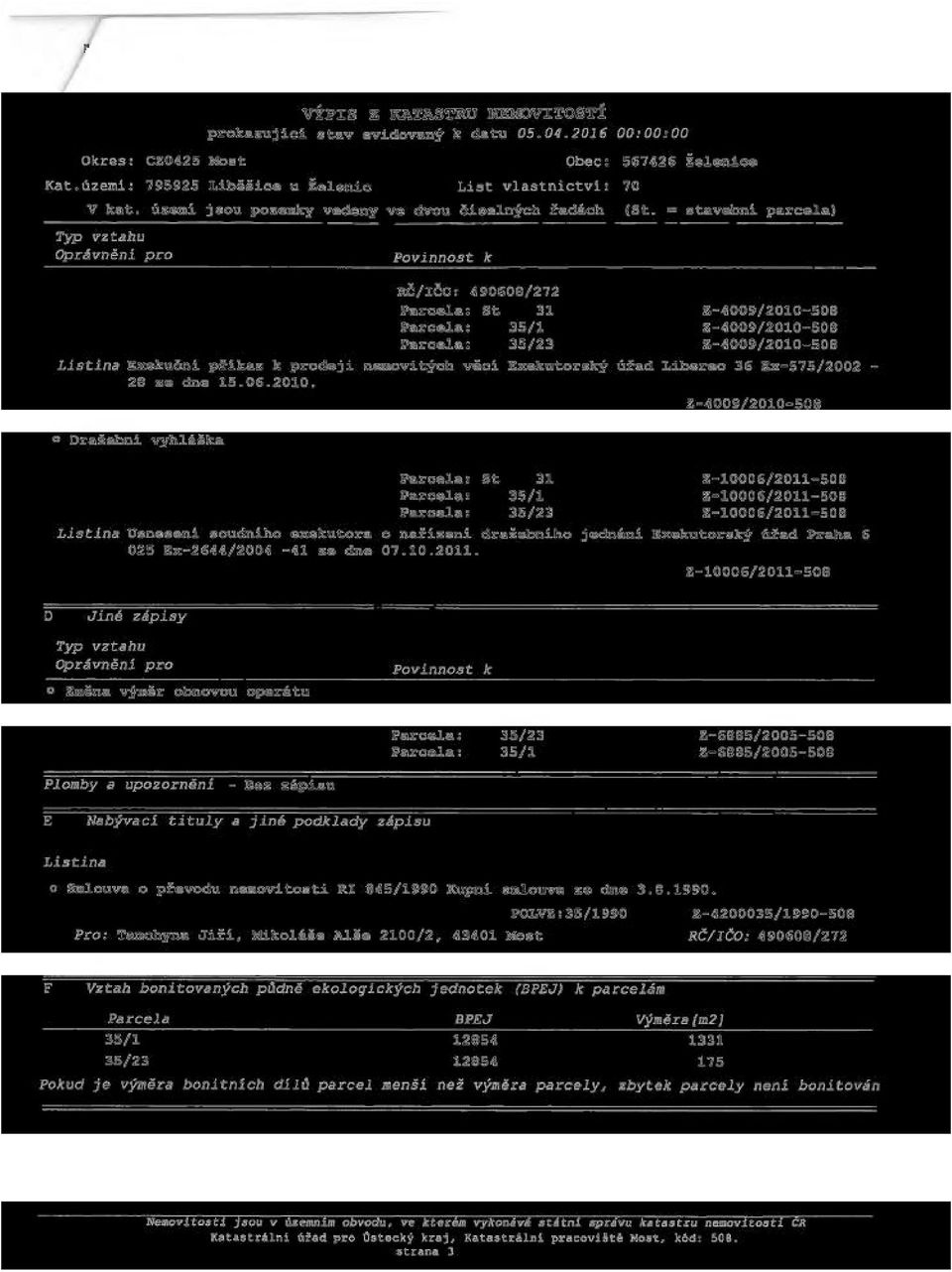 = stavební parcela) Typ vztahu Oprávnění pro Povinnost k RČ/IČO: 490608/272 Parcela: St 31 Z-4009/2010-508 Parcela: 35/1 Z-4009/2010-508 Parcela: 35/23 Z-4009/2010-508 Listina Exekuční přikaž k