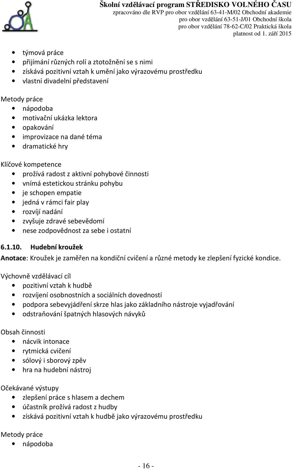 nese zodpovědnost za sebe i ostatní 6.1.10. Hudební kroužek Anotace: Kroužek je zaměřen na kondiční cvičení a různé metody ke zlepšení fyzické kondice.
