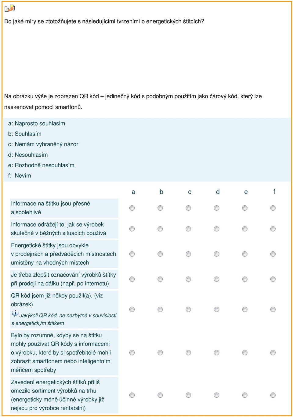 a: Naprosto souhlasím b: Souhlasím c: Nemám vyhraněný názor d: Nesouhlasím e: Rozhodně nesouhlasím Informace na štítku jsou přesné a spolehlivé Informace odrážejí to, jak se výrobek skutečně v