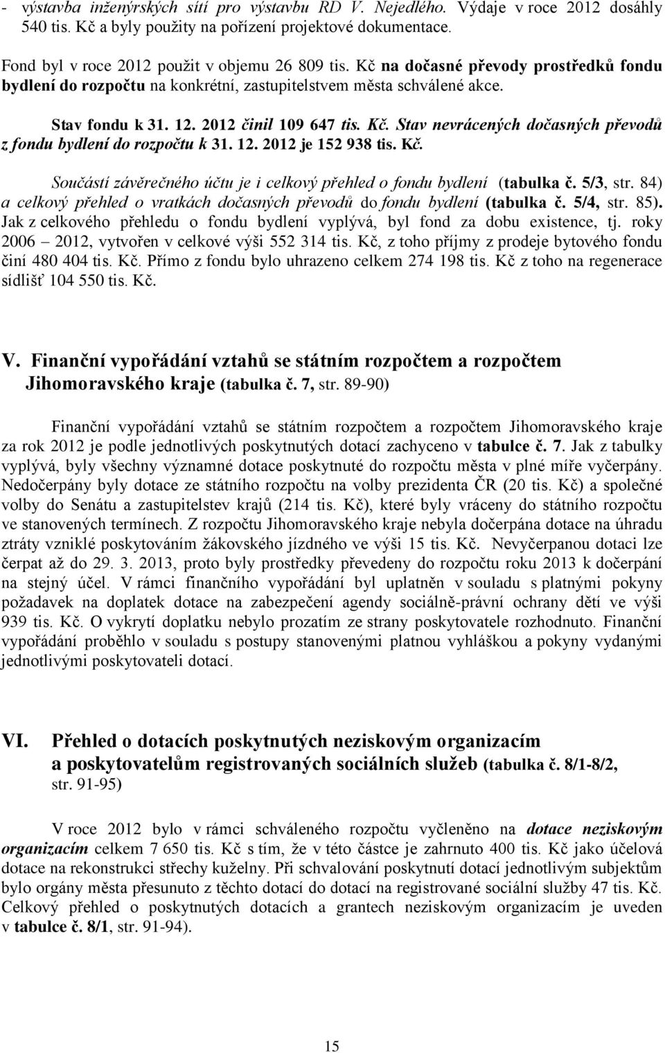 Stav nevrácených dočasných převodů z fondu bydlení do rozpočtu k 31. 12. 2012 je 152 938 tis. Kč. Součástí závěrečného účtu je i celkový přehled o fondu bydlení (tabulka č. 5/3, str.