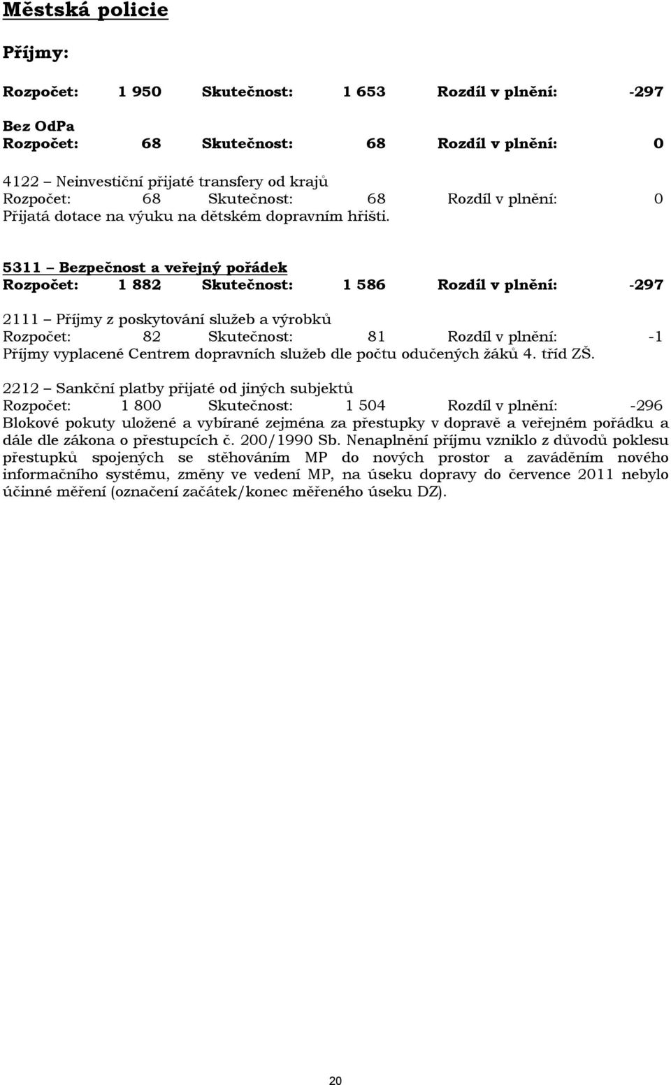 5311 Bezpečnost a veřejný pořádek Rozpočet: 1 882 Skutečnost: 1 586 Rozdíl v plnění: -297 2111 Příjmy z poskytování služeb a výrobků Rozpočet: 82 Skutečnost: 81 Rozdíl v plnění: -1 Příjmy vyplacené