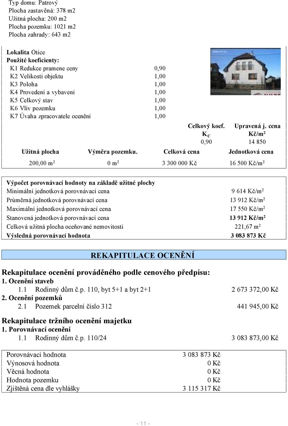 cena Kč/m2 14 850 Celková cena Jednotková cena 3 300 000 Kč 16 500 Kč/m2 Výpočet porovnávací hodnoty na základě užitné plochy Minimální jednotková porovnávací cena Průměrná jednotková porovnávací