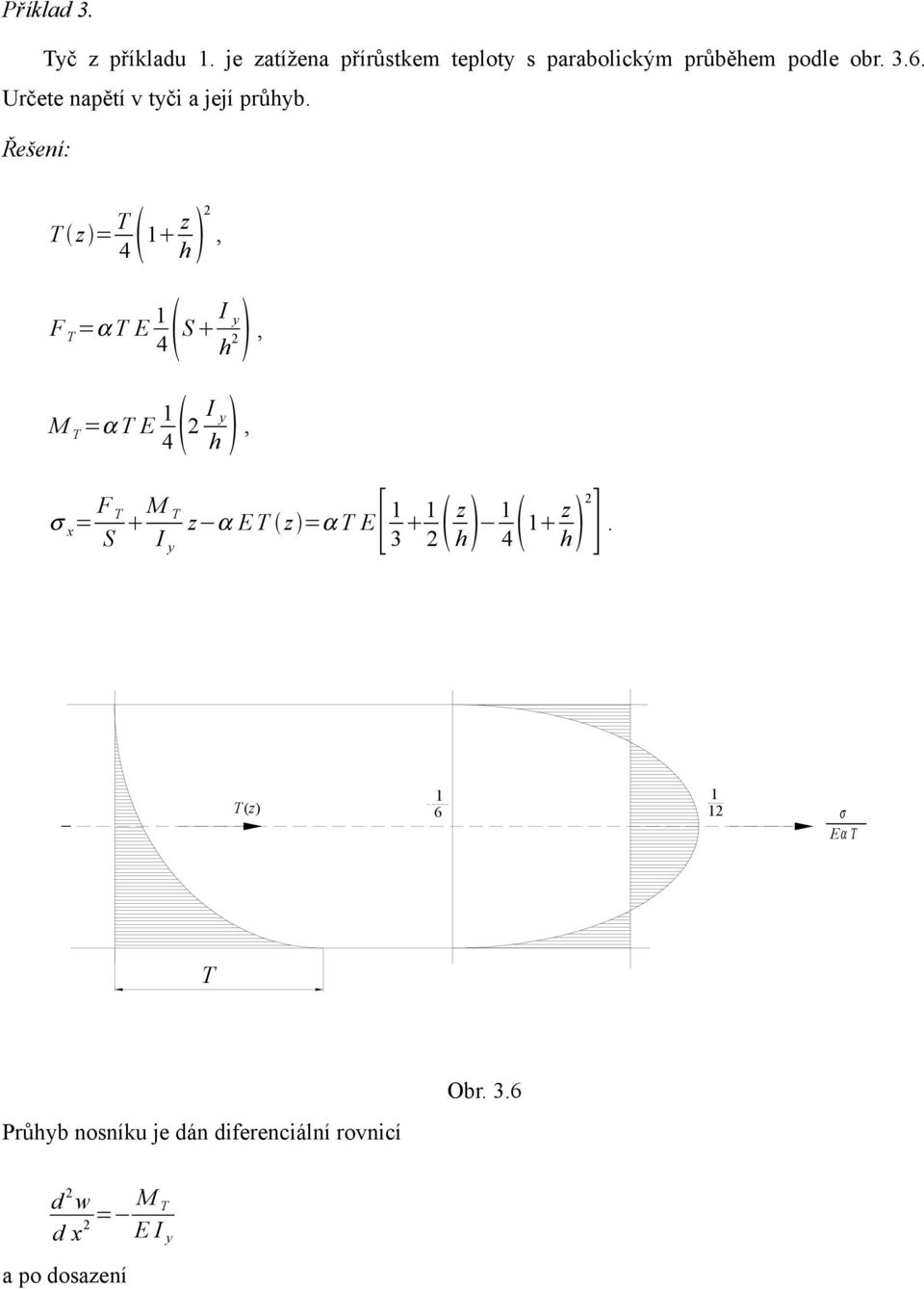Řešení: T z = T 4 z h, F T =α T E 4 S I y h, M T =α T E 4 I y h, σ x = F T S M E[ T z