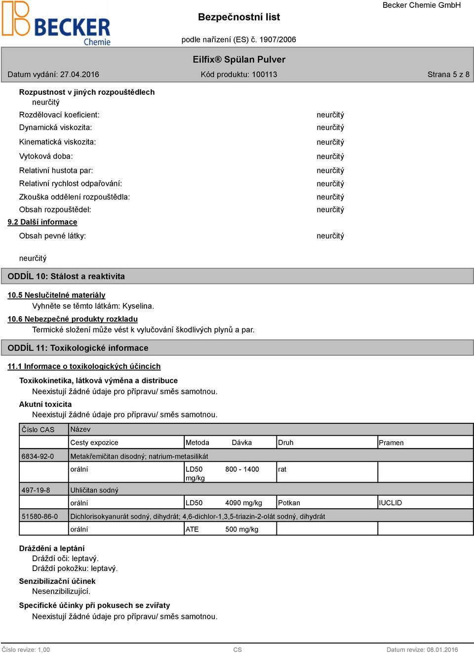 ODDÍL 11: Toxikologické informace 11.1 Informace o toxikologických účincích Toxikokinetika, látková výměna a distribuce Neexistují žádné údaje pro přípravu/ směs samotnou.