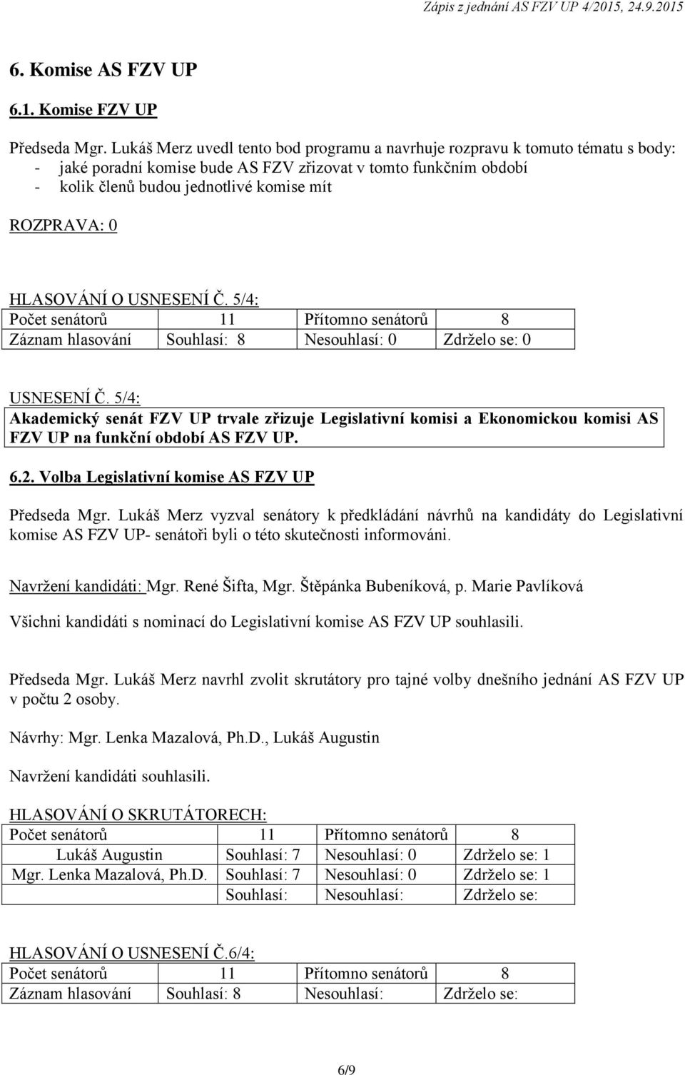 0 HLASOVÁNÍ O USNESENÍ Č. 5/4: USNESENÍ Č. 5/4: Akademický senát FZV UP trvale zřizuje Legislativní komisi a Ekonomickou komisi AS FZV UP na funkční období AS FZV UP. 6.2.