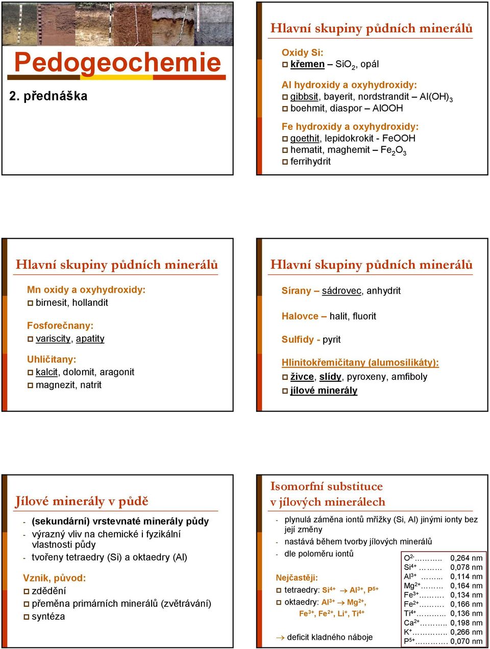 goethit, lepidokrokit - FeOOH hematit, maghemit Fe 2 O 3 ferrihydrit Hlavní skupiny půdních minerálů Mn oxidy a oxyhydroxidy: birnesit, hollandit Fosforečnany: variscity, apatity Uhličitany: kalcit,