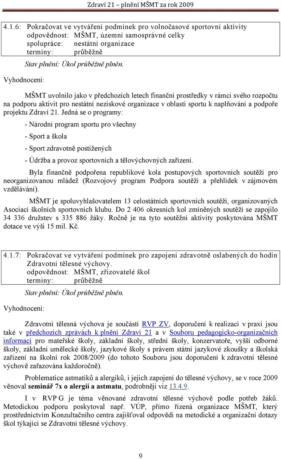 MŠMT uvolnilo jako v předchozích letech finanční prostředky v rámci svého rozpočtu na podporu aktivit pro nestátní neziskové organizace v oblasti sportu k naplňování a podpoře projektu Zdraví 21.