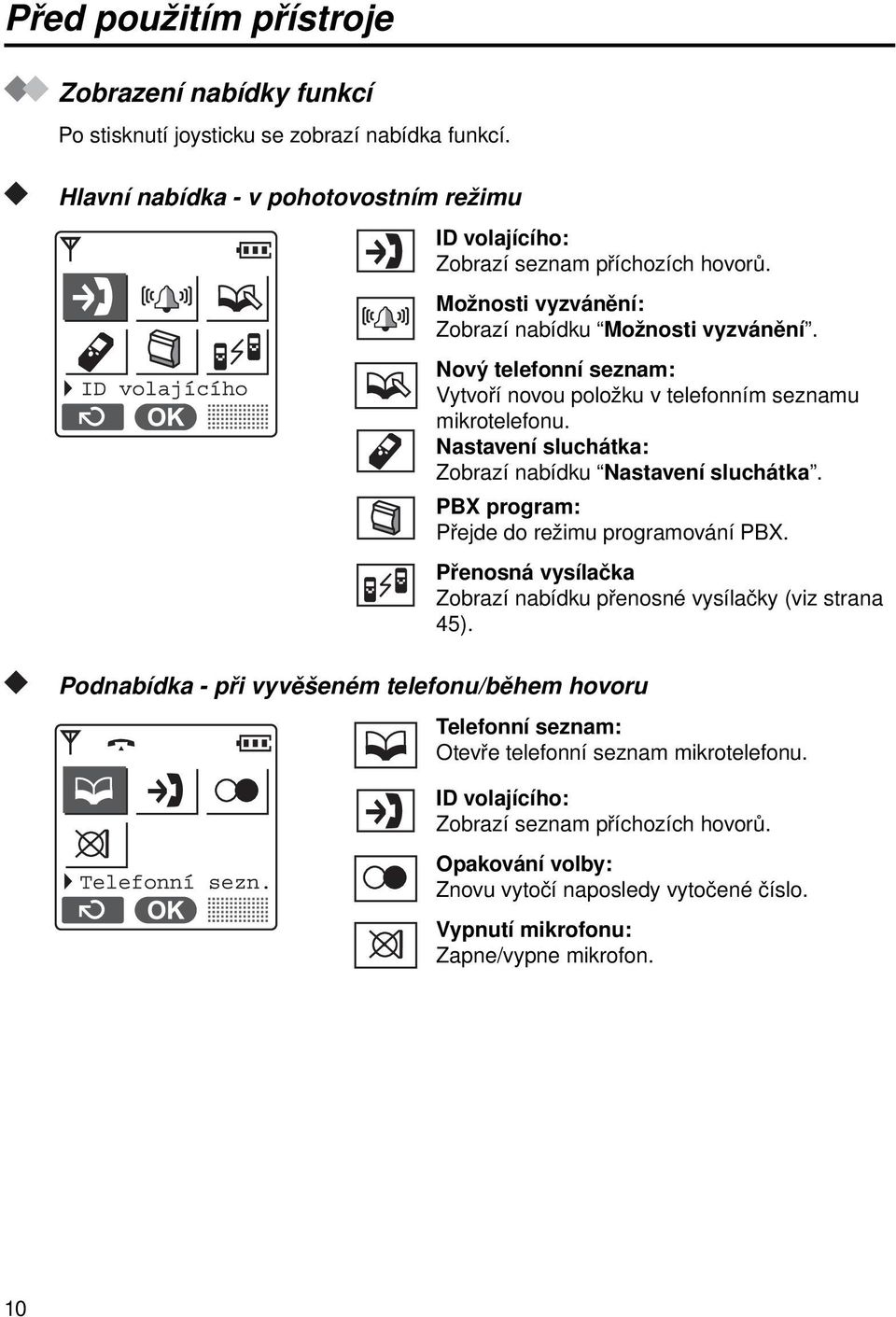 Možnosti vyzvánění: Zobrazí nabídku Možnosti vyzvánění. Nový telefonní seznam: Vytvoří novou položku v telefonním seznamu mikrotelefonu.