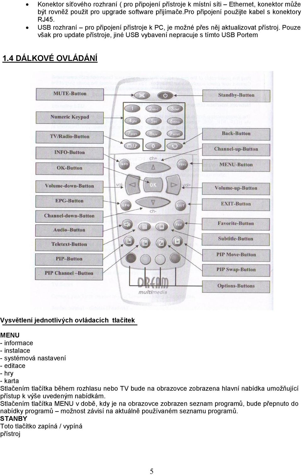 4 DÁLKOVÉ OVLÁDÁNÍ Vysvětlení jednotlivých ovládacích tlačítek MENU - informace - instalace - systémová nastavení - editace - hry - karta Stlačením tlačítka během rozhlasu nebo TV bude na obrazovce