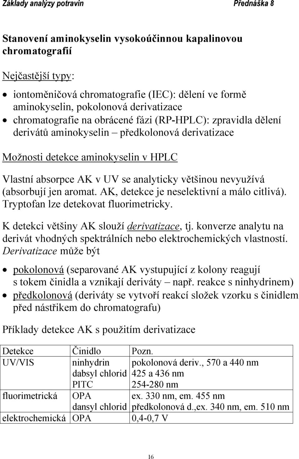 AK, detekce je neselektivní a málo citlivá). Tryptofan lze detekovat fluorimetricky. K detekci většiny AK slouží derivatizace, tj.