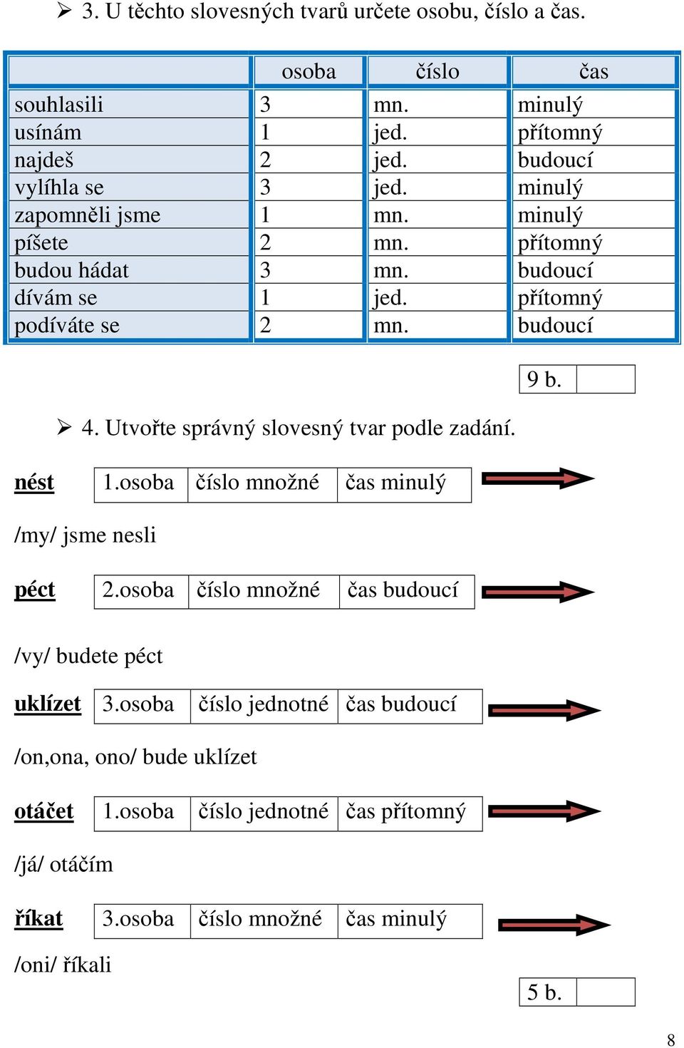 přítomný podíváte se 2 mn. budoucí 4. Utvořte správný slovesný tvar podle zadání. 9 b. nést 1.osoba čas minulý /my/ jsme nesli péct 2.