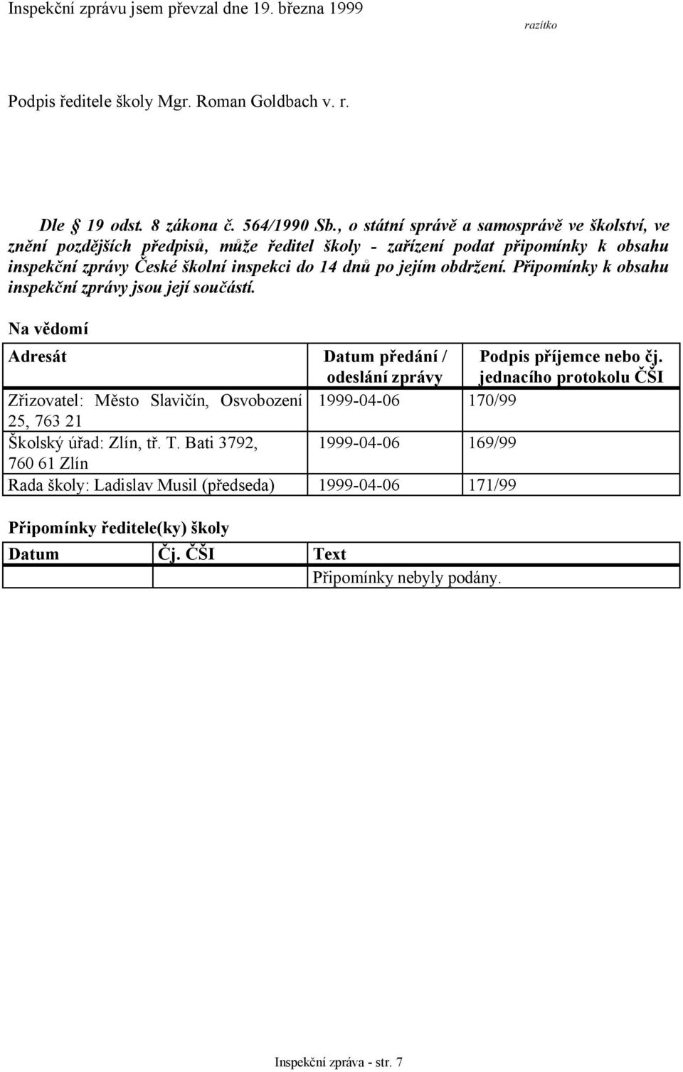 Připomínky k obsahu inspekční zprávy jsou její součástí. Na vědomí Adresát Datum předání / odeslání zprávy Podpis příjemce nebo čj.