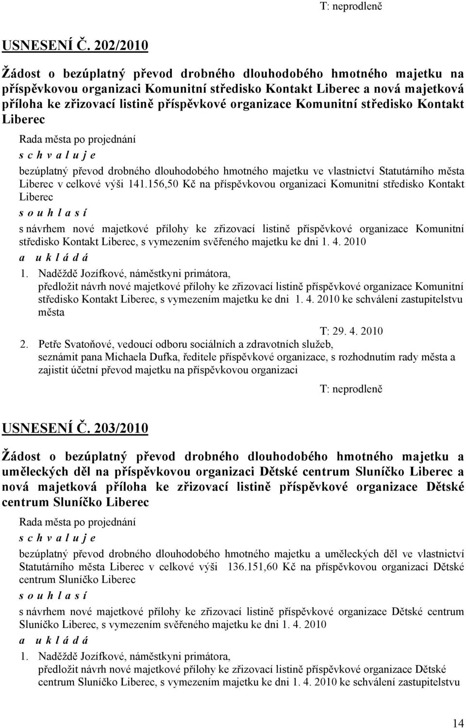 organizace Komunitní středisko Kontakt Liberec bezúplatný převod drobného dlouhodobého hmotného majetku ve vlastnictví Statutárního města Liberec v celkové výši 141.