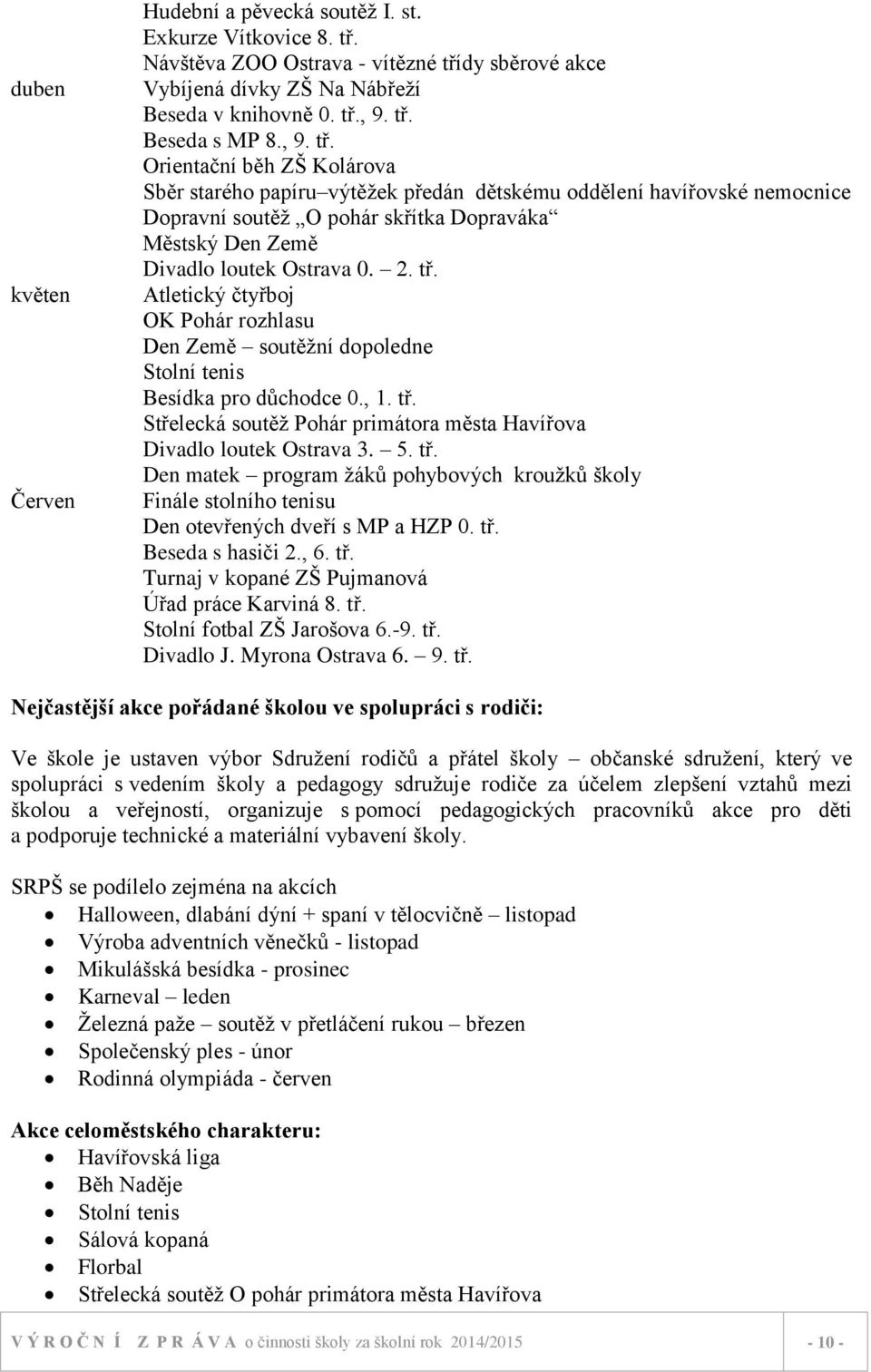 tř. Atletický čtyřboj OK Pohár rozhlasu Den Země soutěžní dopoledne Stolní tenis Besídka pro důchodce 0., 1. tř.