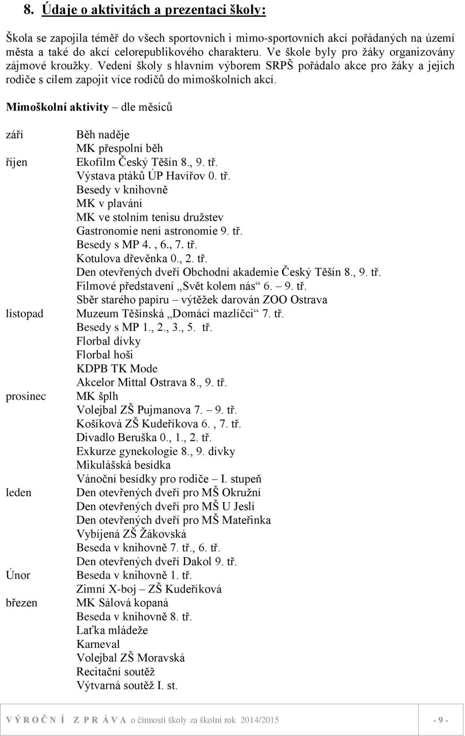 Mimoškolní aktivity dle měsíců září říjen listopad prosinec leden Únor březen Běh naděje MK přespolní běh Ekofilm Český Těšín 8., 9. tř.