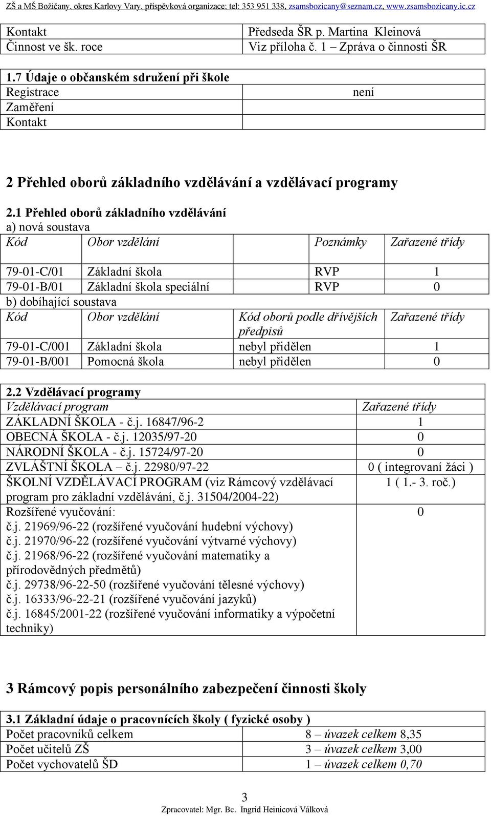 1 Přehled oborů základního vzdělávání a) nová soustava Kód Obor vzdělání Poznámky Zařazené třídy 79-01-C/01 Základní škola RVP 1 79-01-B/01 Základní škola speciální RVP 0 b) dobíhající soustava Kód