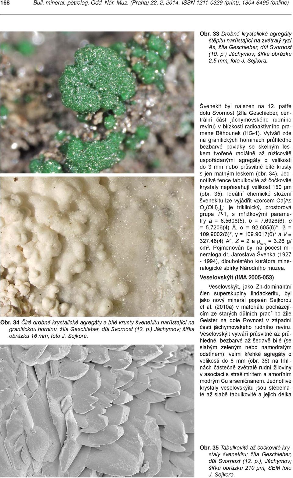 34 Čiré drobně krystalické agregáty a bílé krusty švenekitu narůstající na granitickou horninu, žíla Geschieber, důl Svornost (12. p.) Jáchymov; šířka obrázku 16 mm, foto J. Sejkora.