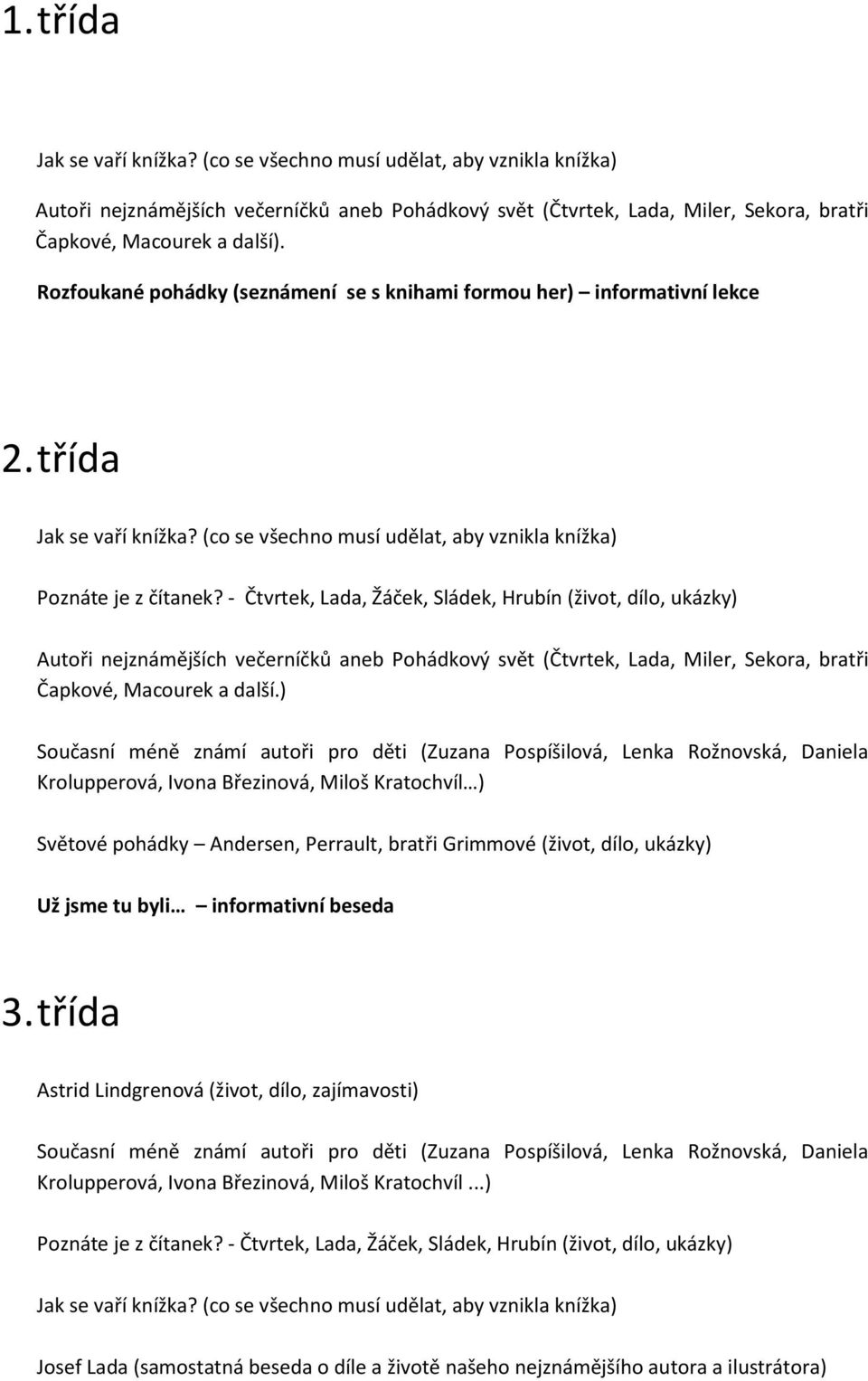 - Čtvrtek, Lada, Žáček, Sládek, Hrubín (život, dílo, ukázky) Autoři nejznámějších večerníčků aneb Pohádkový svět (Čtvrtek, Lada, Miler, Sekora, bratři Čapkové, Macourek a další.