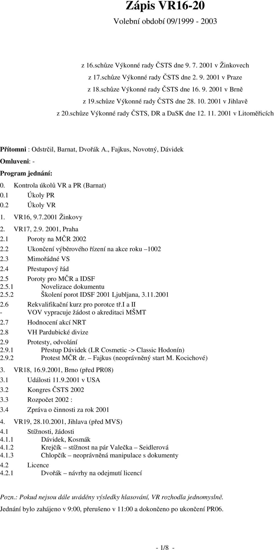 Kontrola úkolů VR a PR (Barnat) 0.1 Úkoly PR 0.2 Úkoly VR 1. VR16, 9.7.2001 Žinkovy 2. VR17, 2.9. 2001, Praha 2.1 Poroty na MČR 2002 2.2 Ukončení výběrového řízení na akce roku 1002 2.