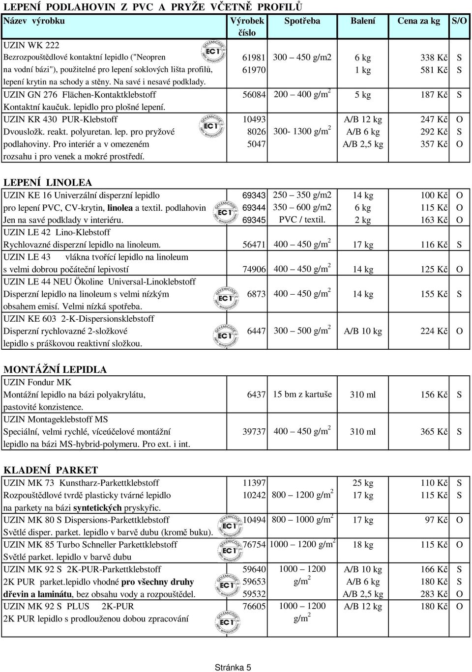 UZIN GN 276 Flächen-Kontaktklebstoff 56084 200 400 g/m 2 5 kg 187 Kč S Kontaktní kaučuk. lepidlo pro plošné lepení. UZIN KR 430 PUR-Klebstoff 10493 A/B 12 kg 247 Kč O Dvousložk. reakt. polyuretan.