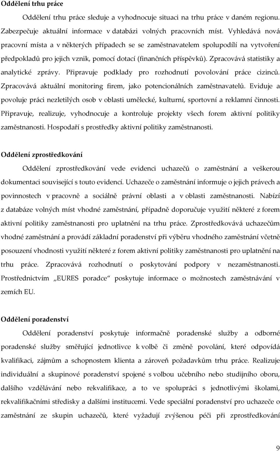 Zpracovává statistiky a analytické zprávy. Připravuje podklady pro rozhodnutí povolování práce cizinců. Zpracovává aktuální monitoring firem, jako potencionálních zaměstnavatelů.