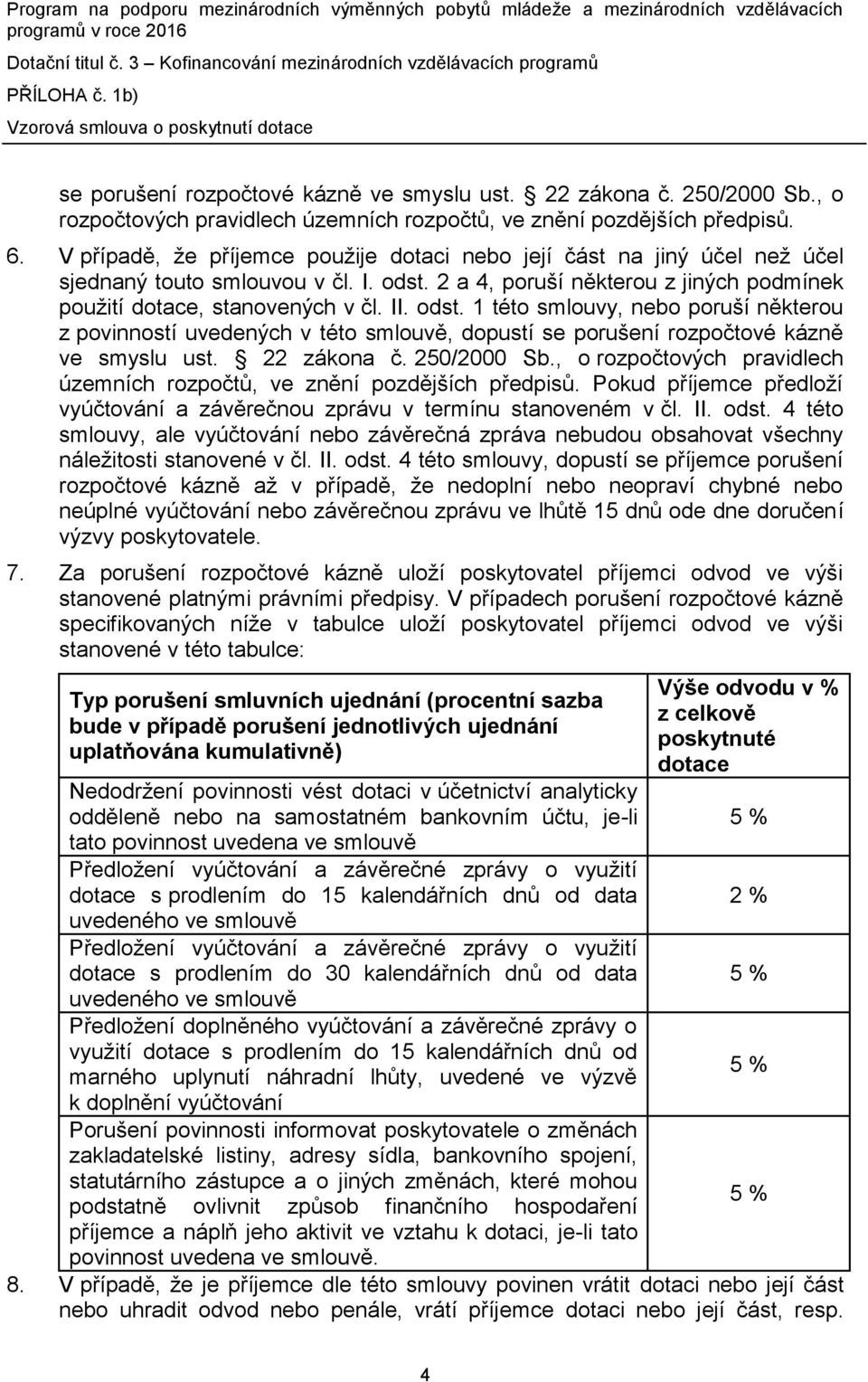 2 a 4, poruší některou z jiných podmínek použití dotace, stanovených v čl. II. odst.