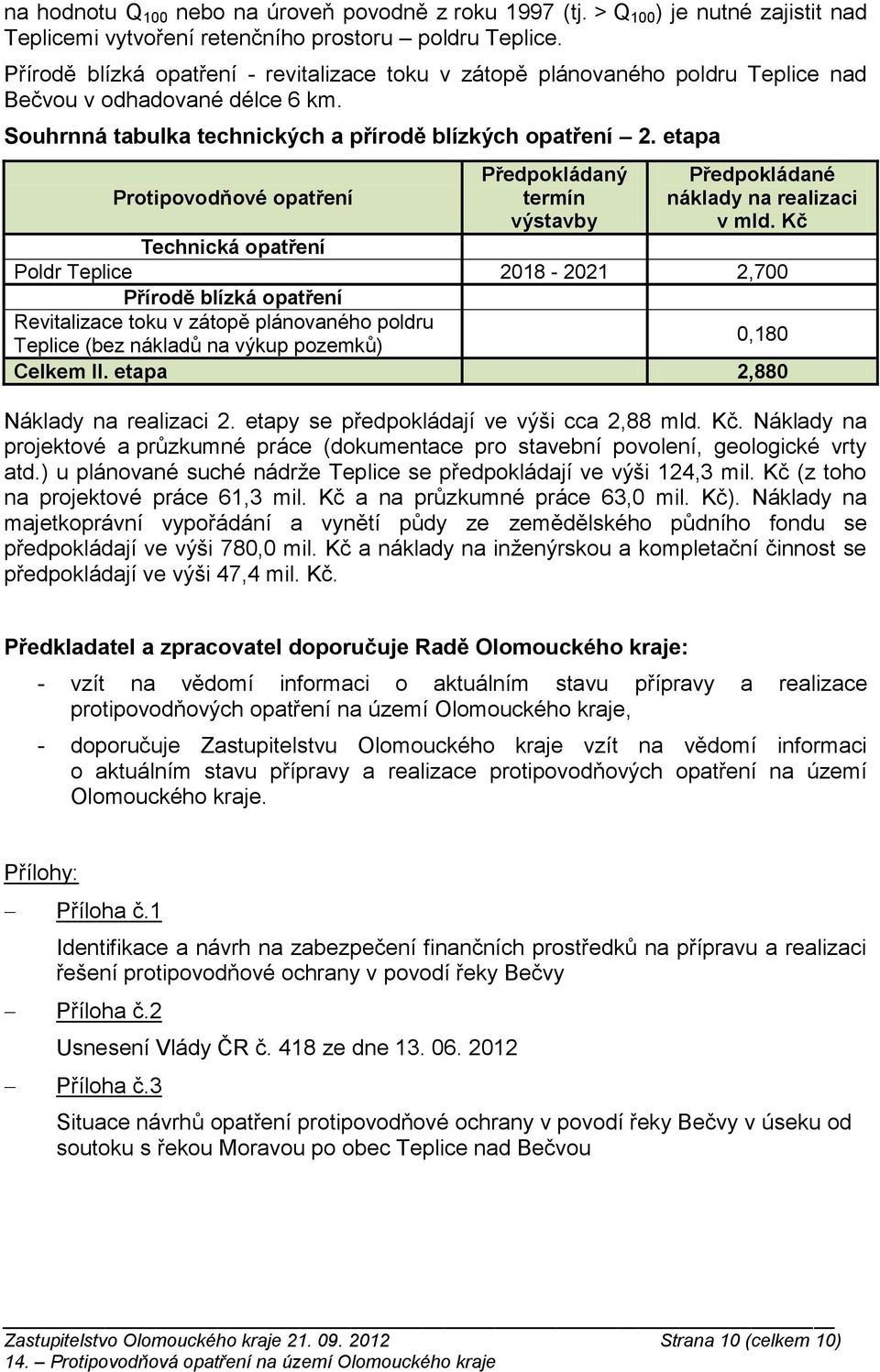 etapa Protipovodňové opatření Předpokládaný termín výstavby Předpokládané náklady na realizaci v mld.