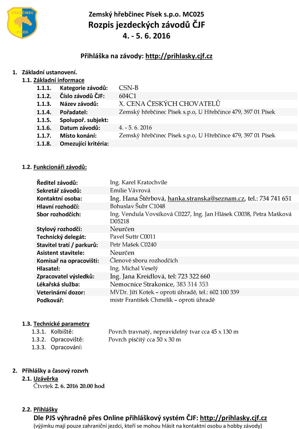 Omezující kritéria: 1.2. Funkcionáři závodů: Ředitel závodů: Ing. Karel Kratochvíle Sekretář závodů: Emilie Vávrová Kontaktní osoba: Ing. Hana Štěrbová, hanka.stranska@seznam.cz, tel.