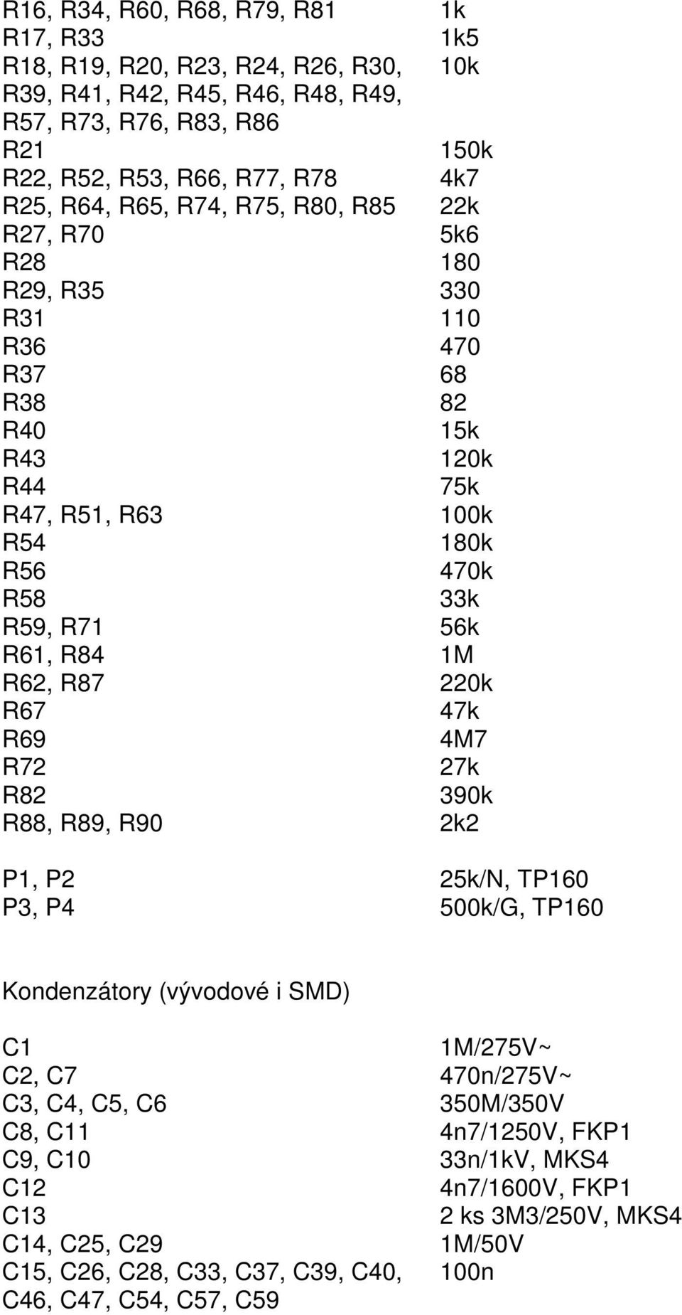 R61, R84 1M R62, R87 220k R67 47k R69 4M7 R72 27k R82 390k R88, R89, R90 2k2 P1, P2 25k/N, TP160 P3, P4 500k/G, TP160 Kondenzátory (vývodové i SMD) C1 1M/275V~ C2, C7 470n/275V~ C3, C4,