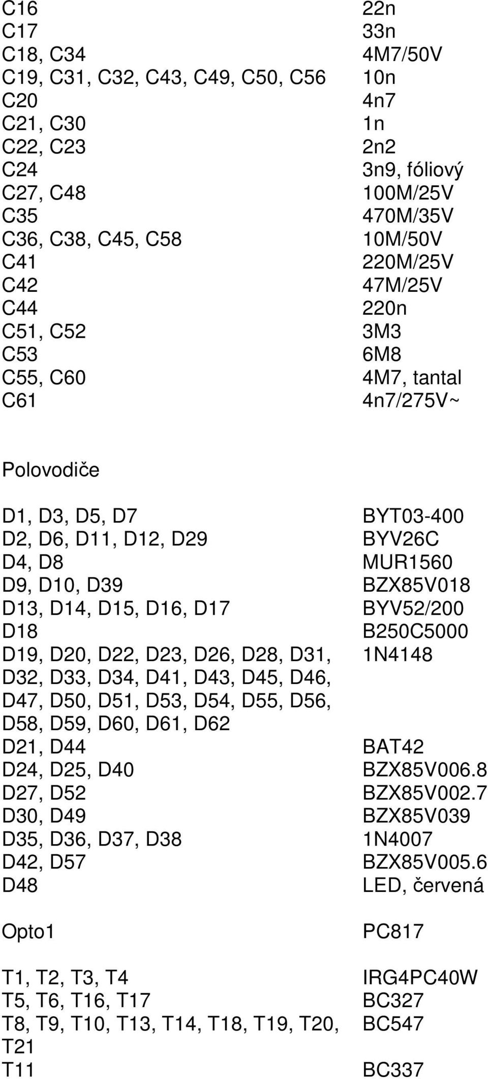 BYV52/200 D18 B250C5000 D19, D20, D22, D23, D26, D28, D31, 1N4148 D32, D33, D34, D41, D43, D45, D46, D47, D50, D51, D53, D54, D55, D56, D58, D59, D60, D61, D62 D21, D44 BAT42 D24, D25, D40 BZX85V006.