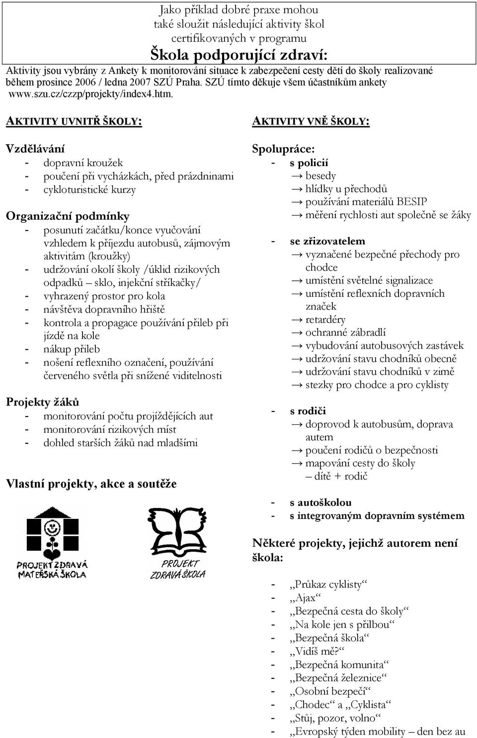 AKTIVITY UVNITŘ ŠKOLY: Vzdělávání - dopravní kroužek - poučení při vycházkách, před prázdninami - cykloturistické kurzy Organizační podmínky - posunutí začátku/konce vyučování vzhledem k příjezdu