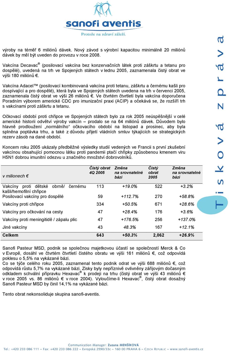 Vakcína Adacel (posilovací kombinovaná vakcína proti tetanu, záškrtu a černému kašli pro dospívající a pro dospělé), která byla ve Spojených státech uvedena na trh v červenci 2005, zaznamenala čistý