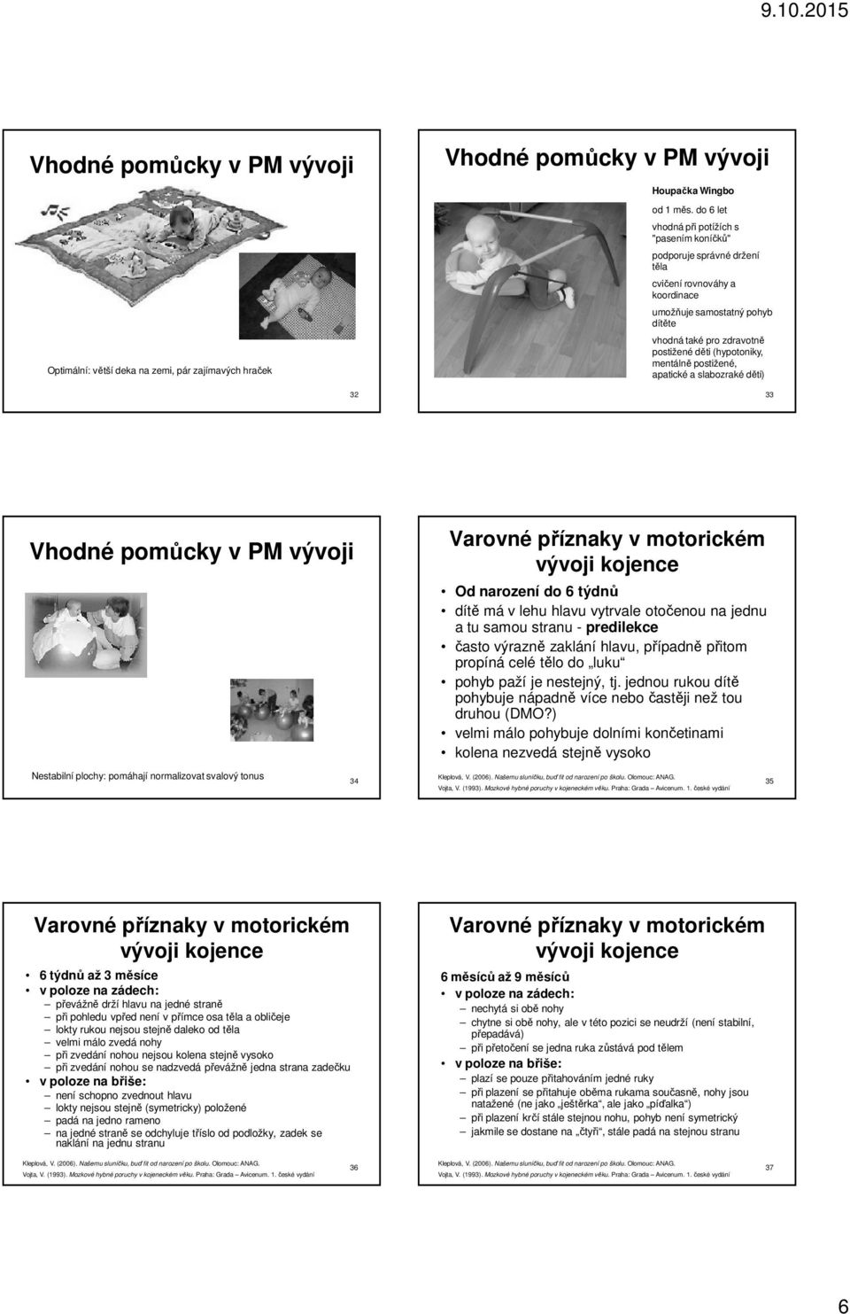 mentálně postižené, apatické a slabozraké děti) 33 Vhodné pomůcky v PM vývoji Od narození do 6 týdnů dítě má v lehu hlavu vytrvale otočenou na jednu a tu samou stranu - predilekce často výrazně