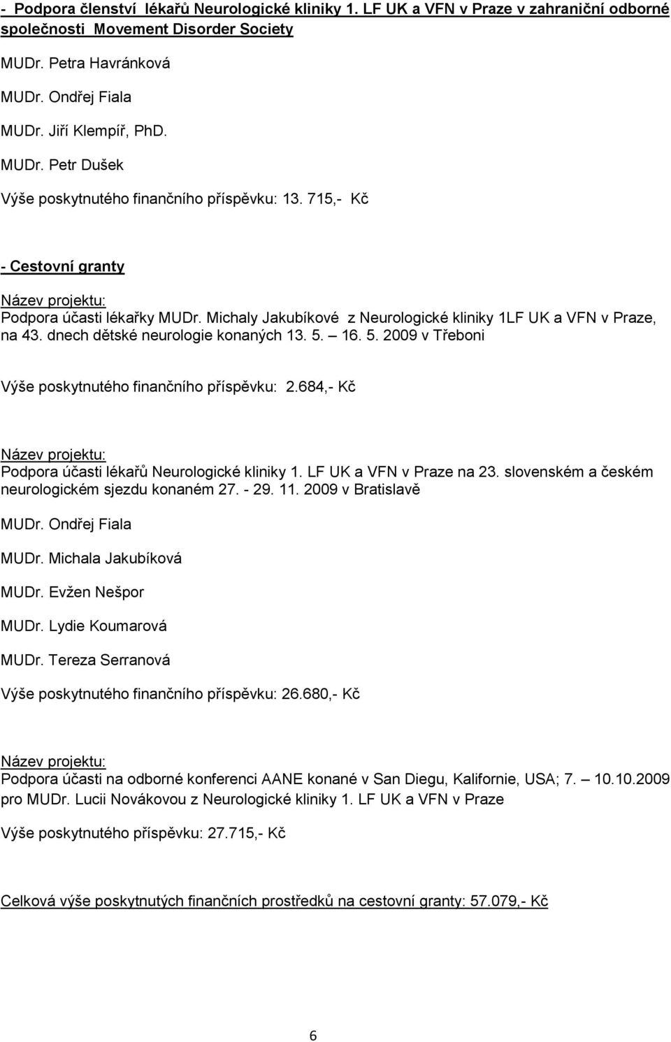 Michaly Jakubíkové z Neurologické kliniky 1LF UK a VFN v Praze, na 43. dnech dětské neurologie konaných 13. 5. 16. 5. 2009 v Třeboni Výše poskytnutého finančního příspěvku: 2.