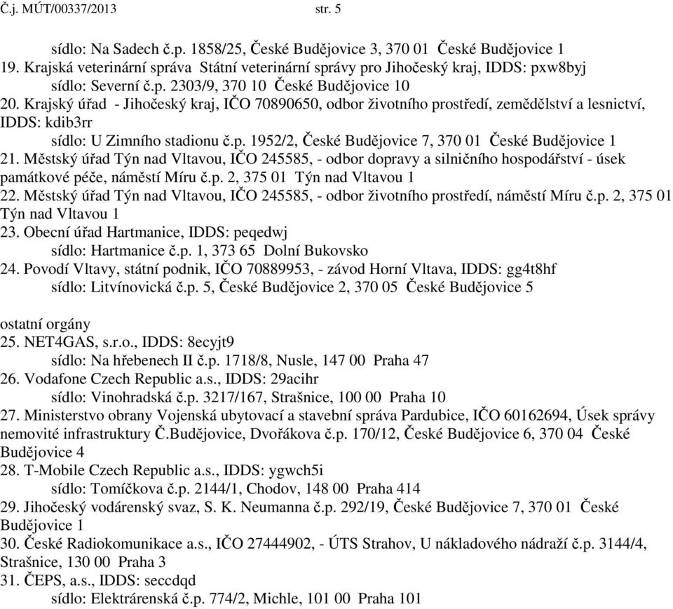 Krajský úřad - Jihočeský kraj, IČO 70890650, odbor životního prostředí, zemědělství a lesnictví, IDDS: kdib3rr sídlo: U Zimního stadionu č.p. 1952/2, České Budějovice 7, 370 01 České Budějovice 1 21.