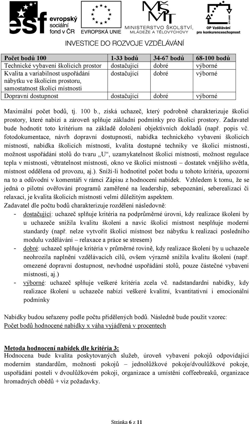 , získá uchazeč, který podrobně charakterizuje školicí prostory, které nabízí a zároveň splňuje základní podmínky pro školicí prostory.