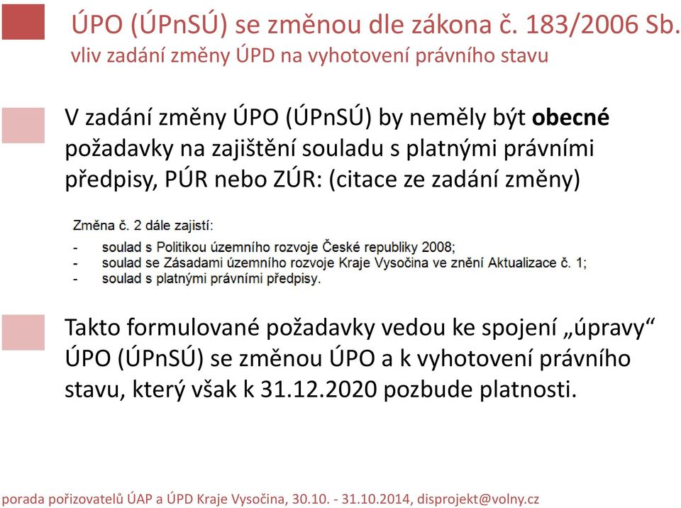 požadavky na zajištění souladu s platnými právními předpisy, PÚR nebo ZÚR: (citace ze zadání změny)