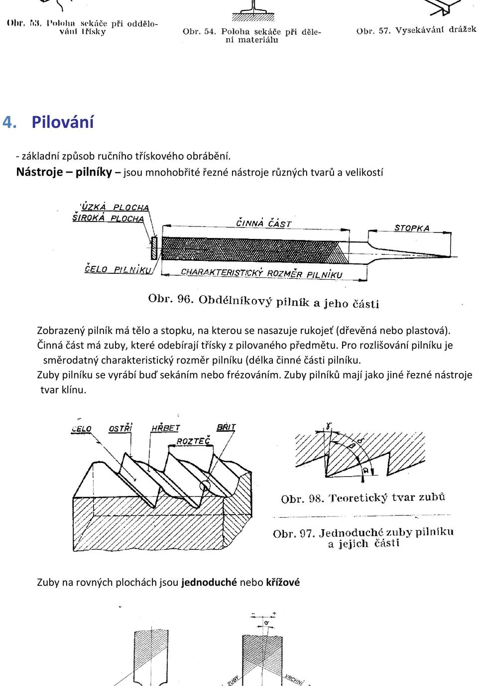 rukojeť (dřevěná nebo plastová). Činná část má zuby, které odebírají třísky z pilovaného předmětu.